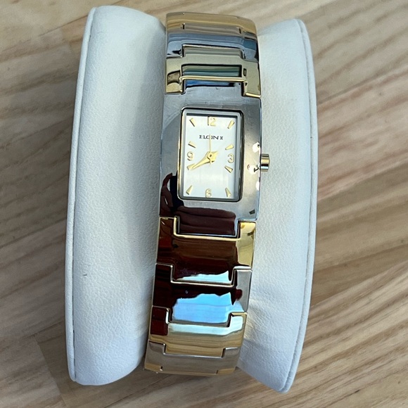 Elgin II Ladies Watch Gold Silver Tone Cuff Bracelet Silver Dial Gorgeous